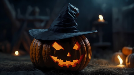 ultra realistic halloween photo with ghost, pumpkins and candies. generative ai