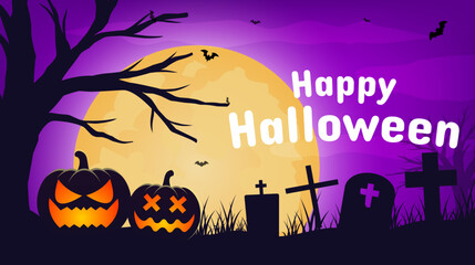 Spooky halloween night scene background. Halloween pumpkin, bat. Halloween holiday design. Vector illustration