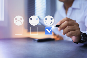 Businessman evaluate satisfaction good service product provider in the blue check box to complete...
