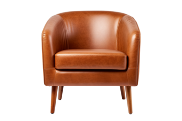 Comfortable brown armchair on transparent background, png. Luxury leather chair isolated on transparent, Interior element