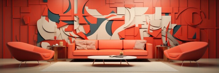 Living Room With Full Wall Flat Geometric Coral