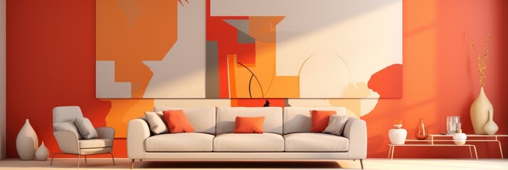 Living Room With Full Wall Flat Geometric Red Orange Yellow