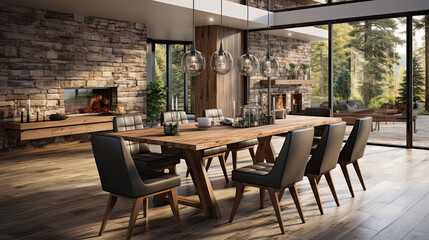 Obraz premium Elegant Dining Room with Modern Design and Wooden Furnishings