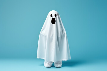 Little cute child with white dressed costume Halloween ghost scary, studio shot isolated on blue background