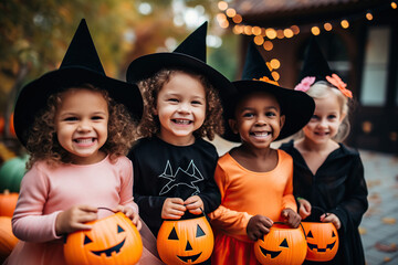 Group of Little kids at a Halloween party - obrazy, fototapety, plakaty