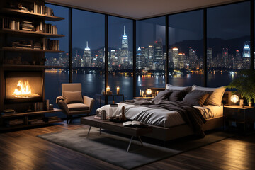 modern Luxury bedroom with night city view