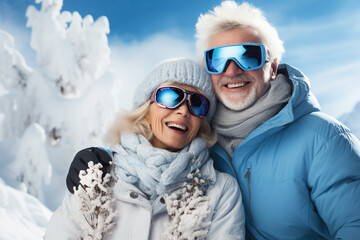 Fototapeta na wymiar modern old couple in winter blue clothes