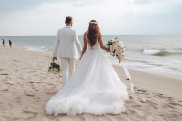 Fototapeta na wymiar The bride and groom walk along the beach. Modern wedding on the beach