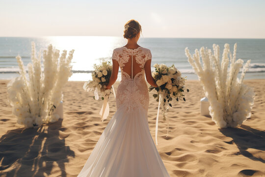 The bride near the wedding arch. Modern wedding on the beach