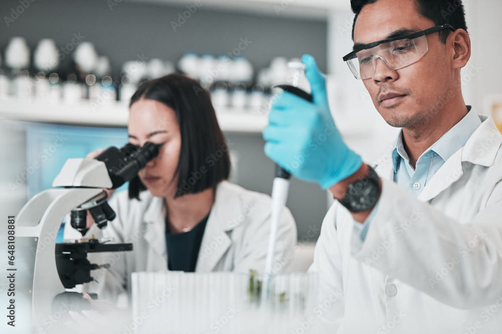 Poster science, collaboration and experiment with a team in a lab for research or innovation in medicine. t