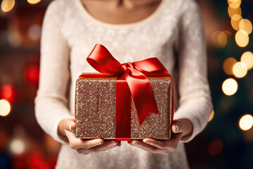 Stylish female holding present with red ribbon
