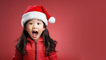 Asian girl surprise face in santa claus red hat, Christmas background