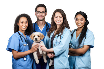 Young multi-ethnic group of a veterinary team of 5 people smiling with arms crossed together wearing a blue coat, the one in the middle has a puppy in his arms on a cutout PNG transparent background