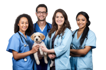 Young multi-ethnic group of a veterinary team of 5 people smiling with arms crossed together wearing a blue coat, the one in the middle has a puppy in his arms on a cutout PNG transparent background