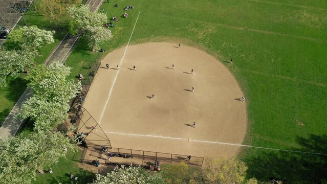 Aerial shot of Baseball Players Playing During Match On A Sunny Day 