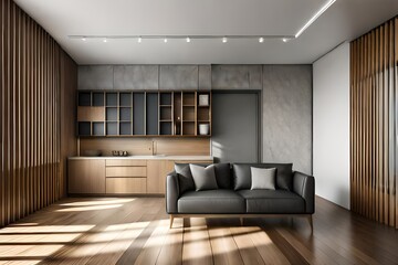 Naklejka na ściany i meble 3d rendering interior of cozy living room. Remote working and work from home as an office is a new business trend. Home office is a safe place to work.