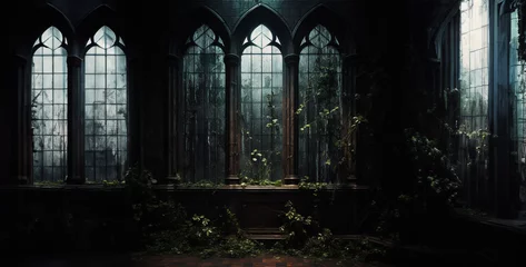 Fotobehang  spooky halloween night, gothic church window, chapel window dark moody hd wallpaper © Your_Demon