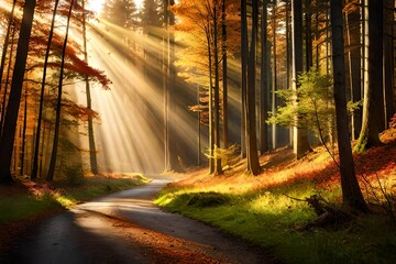 Autumn forest nature. Vivid morning in colorful forest with sun rays through branches of trees. Scenery of nature with sunlight  3D render