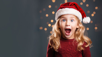 Blonde girl surprise face in santa claus red hat, Christmas sale gift