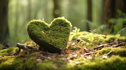  a heart shaped moss covered box in a forest with trees in the background.  generative ai