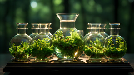 Flasks with plants. Concept of green chemistry