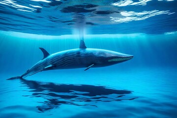 Showcase the ethereal beauty of an endangered blue whale gliding through the ocean depths