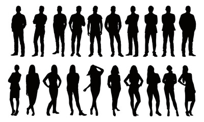 Vector detailed silhouettes set of standing people male and female full body front view with body gesture isolated on white background. Crowd, group of people vector illustration