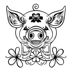Schwein Glücksschwein mit Kleeblätter. Vektor Zeichnung für Silvester, Neujahr und als Glücksbringer.