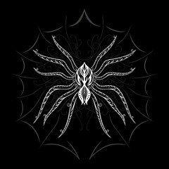 Spinne Spinnennetz für Halloween. Filigranes Tier Vektor Ornament im Tattoo Style. - 648110826