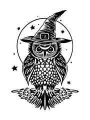 Eule Zauberer Hut und Vollmond. Halloween Vektor im Herbst. Nachthimmel mit Sternen. Tattoo Style.