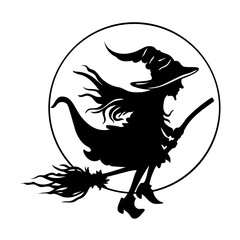 Hexe Zauberer auf einem Besen bei Vollmond. Vektor Design für Halloween, Samhain, Walpurgisnacht.