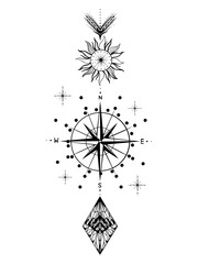 Pfeil mit Kompass, Windrose, Sonne, Sterne und Diamant. Fineline Tattoo Vektor. - 648110845