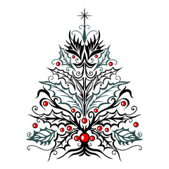Weihnachtsbaum mit Ilex und Weihnachtskugeln. Vektor für Weihnachten Winter und Weihnachtszeit. Stechpalme mit roten Kugeln. - 648110847