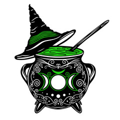 Hexenkessel mit Hexenhut und drei Monde, Triskelion. Vektor für Walpurgisnacht Halloween Samhain. Für Hexen Kräuterfrauen und Green Witch - 648110848