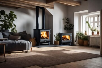 The warmth of a design house's wood-burning stove, creating a cozy atmosphere on chilly Scandinavian evenings