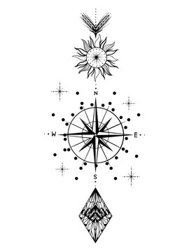 Pfeil mit Kompass, Windrose, Sonne, Sterne und Diamant. Fineline Tattoo Vektor.