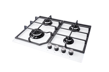 Modern hob gas stove made of tempered white glass using natural gas or propane for cooking products, isolated on white background.