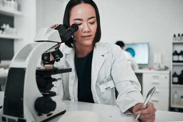Naklejka na ściany i meble Microscope, woman and writing in laboratory for science research, dna analysis and notes. Asian scientist, biotechnology and review investigation, test report and check lens for assessment results