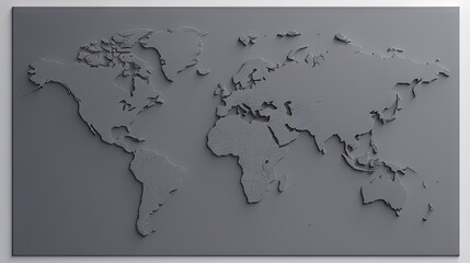  a metal map of the world on a gray background with a white border.  generative ai