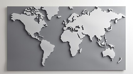  a metal map of the world on a gray wall with a white background.  generative ai