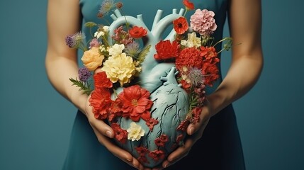  a woman holding a bouquet of flowers and a heart in her hands.  generative ai