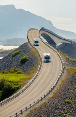 Papier Peint photo Atlantic Ocean Road Caravan car RV travels on the highway Atlantic Ocean Road Norway.