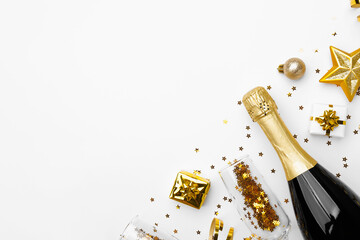 Christmas background with golden decoration on white background, space for text