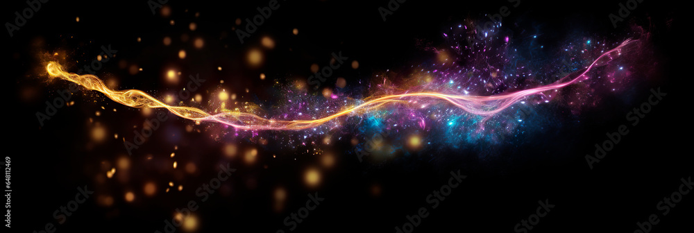 Wall mural abstract background with a trail of swirling glowing multi colored pollen from a magic wand on a dar