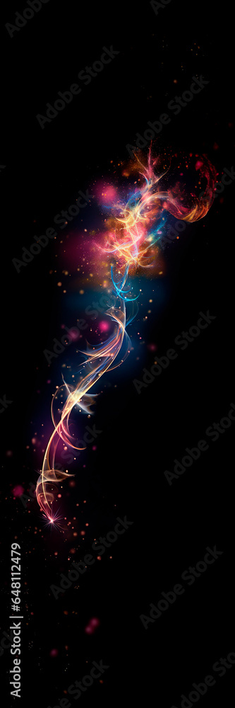 Wall mural abstract background with a trail of swirling glowing multi colored pollen from a magic wand on a dar