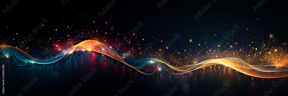 Wall mural abstract background with a trail of swirling glowing multi colored pollen from a magic wand on a dar