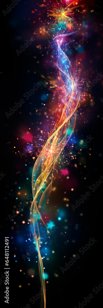 Wall mural abstract background with a trail of swirling glowing multi colored pollen from a magic wand on a dar