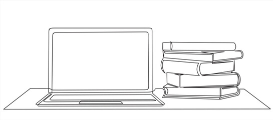 One continuous line drawing of computer laptop and books stack. Study space desk concept. Single line draw design vector illustration