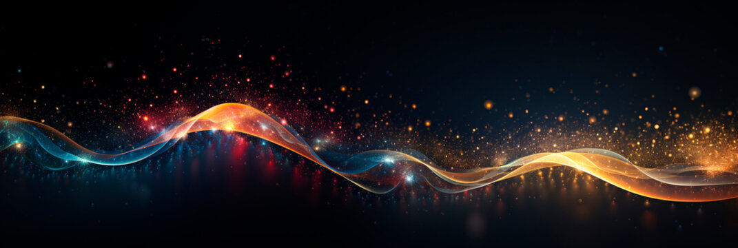 Abstract background with a trail of swirling glowing multi colored pollen from a magic wand on a dark background