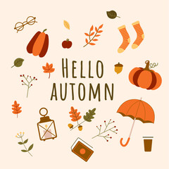 Ensemble vectoriel d'icônes d'automne et d'illustrations d'automne : verres ronds, bougie, lanterne, lanterne, citrouilles, citrouille, feuilles qui tombent, glands, feuilles tombées, chocolat chaud, 